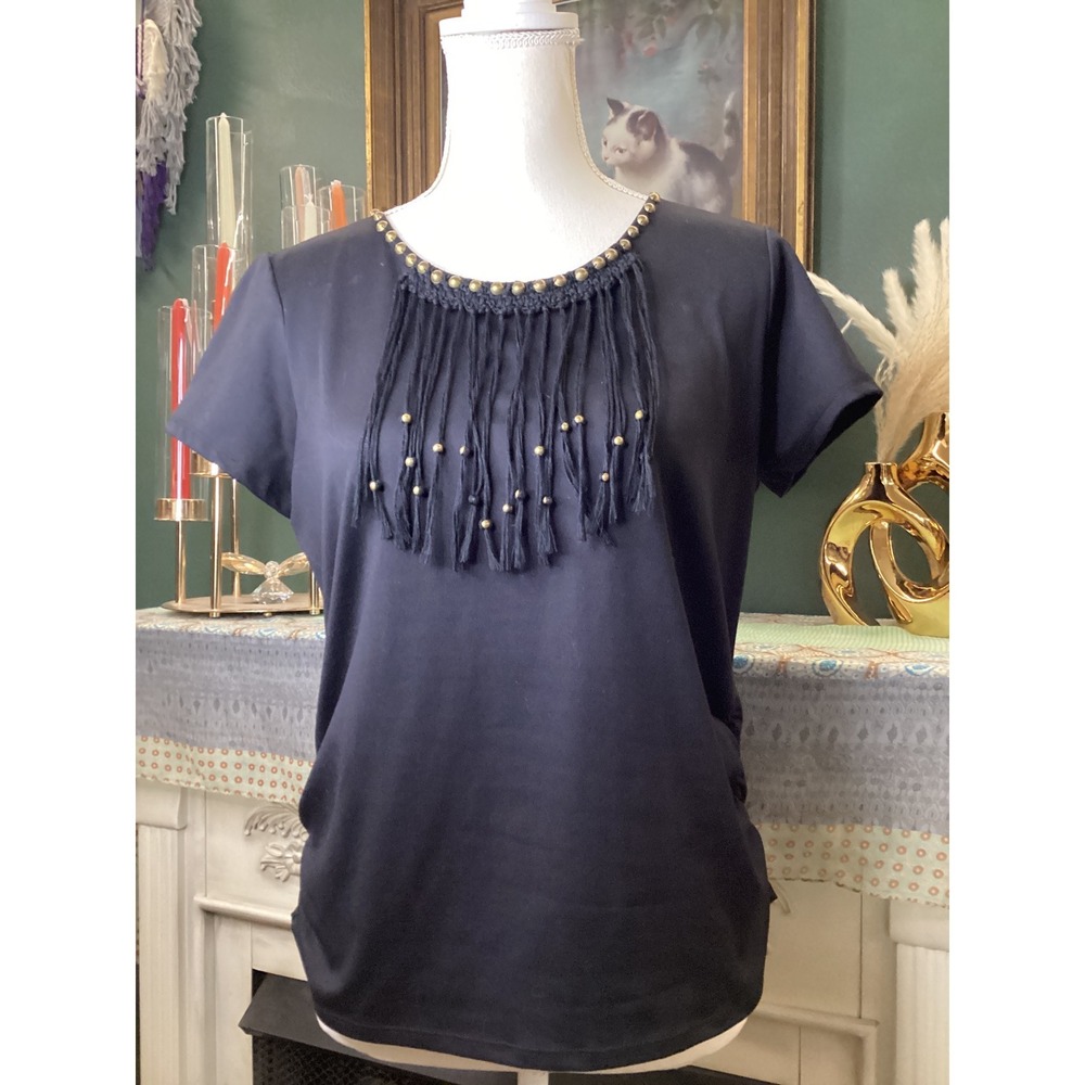 Ruby Rd Petite Black Short Sleeve Top Fringe Studded Crochet Bib PM